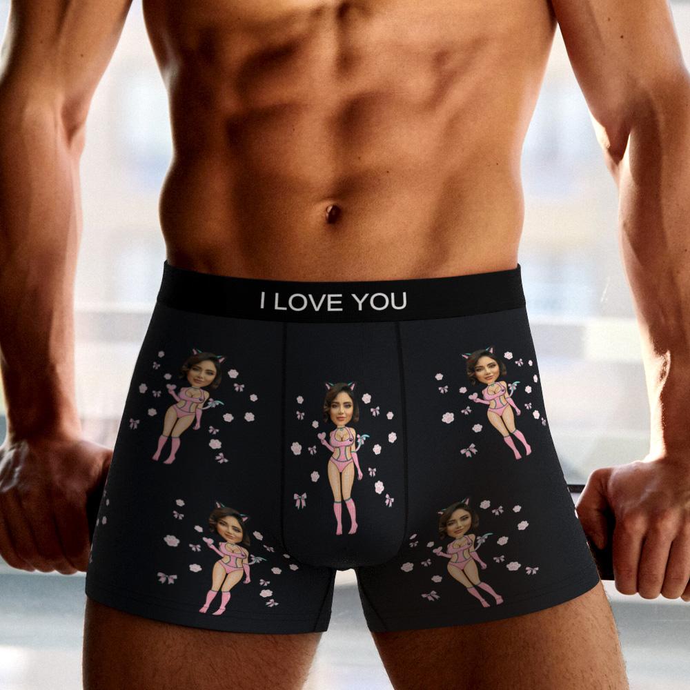 Flat lay front shot of personalised men's boxer shorts featuring your uploaded photo cutout in Catwoman design — perfect Valentine’s Day gift