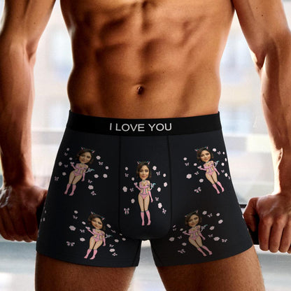 Flat lay front shot of personalised men's boxer shorts featuring your uploaded photo cutout in Catwoman design — perfect Valentine’s Day gift