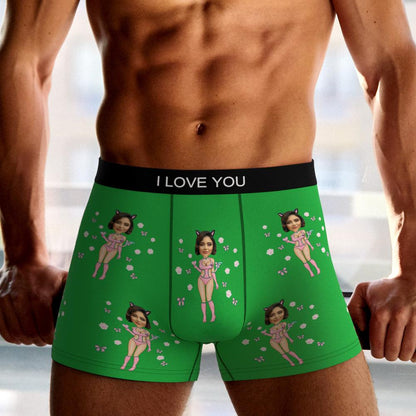 Back view of personalised photo boxer shorts with Catwoman print — novelty personalised gift idea for dad or mate