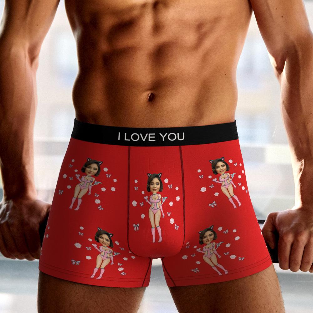 Close-up of personalised face print on Catwoman-style boxers highlighting vibrant dye-sublimation colours — machine-wash safe