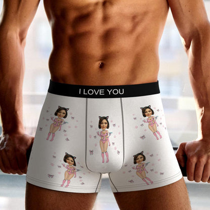 Model wearing personalised Catwoman boxers showing fit and soft elastic waistband — personalised underwear for boyfriend or husband