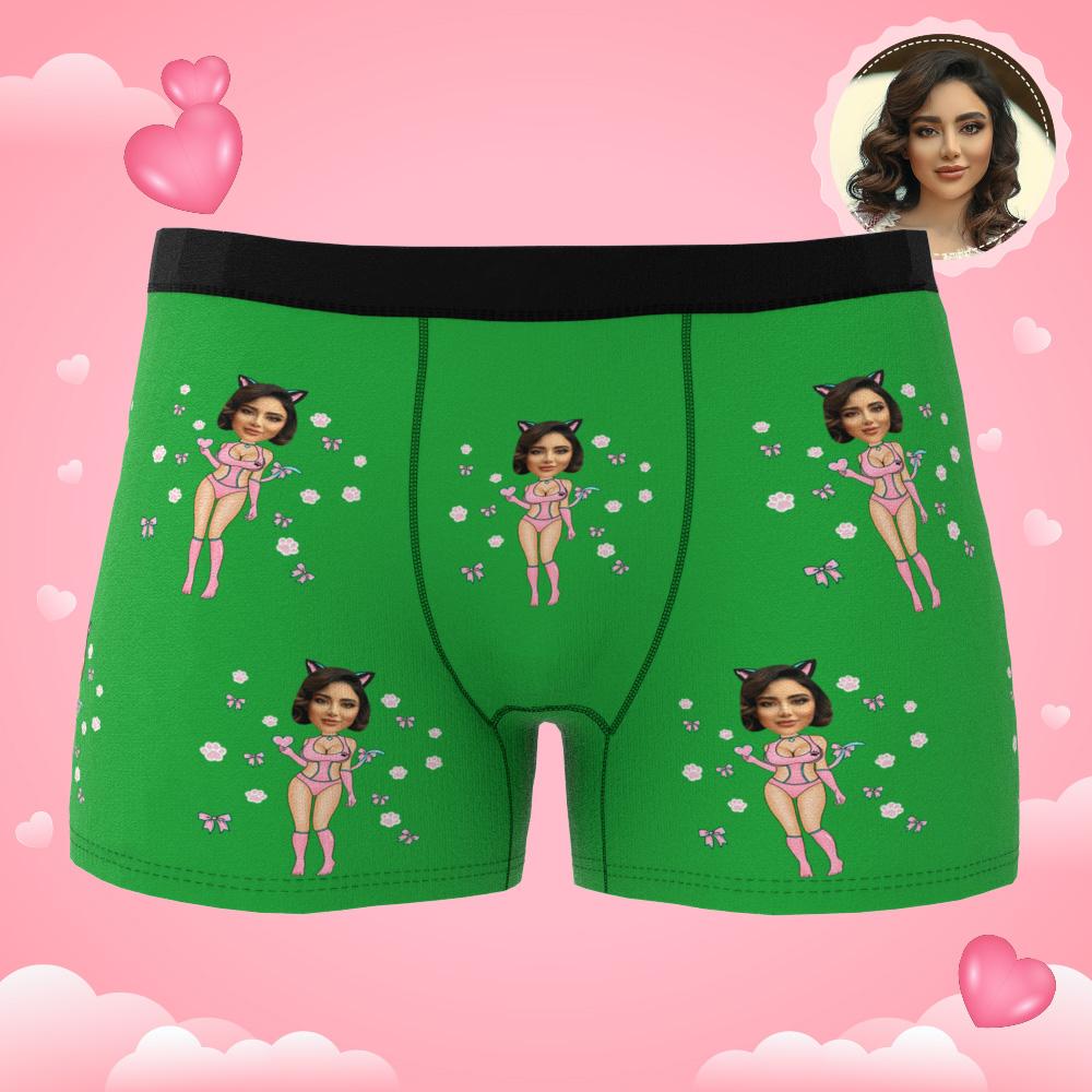 Close-up of printed photo face on Catwoman boxers demonstrating precise cutout by in-house design team — personalised face boxers