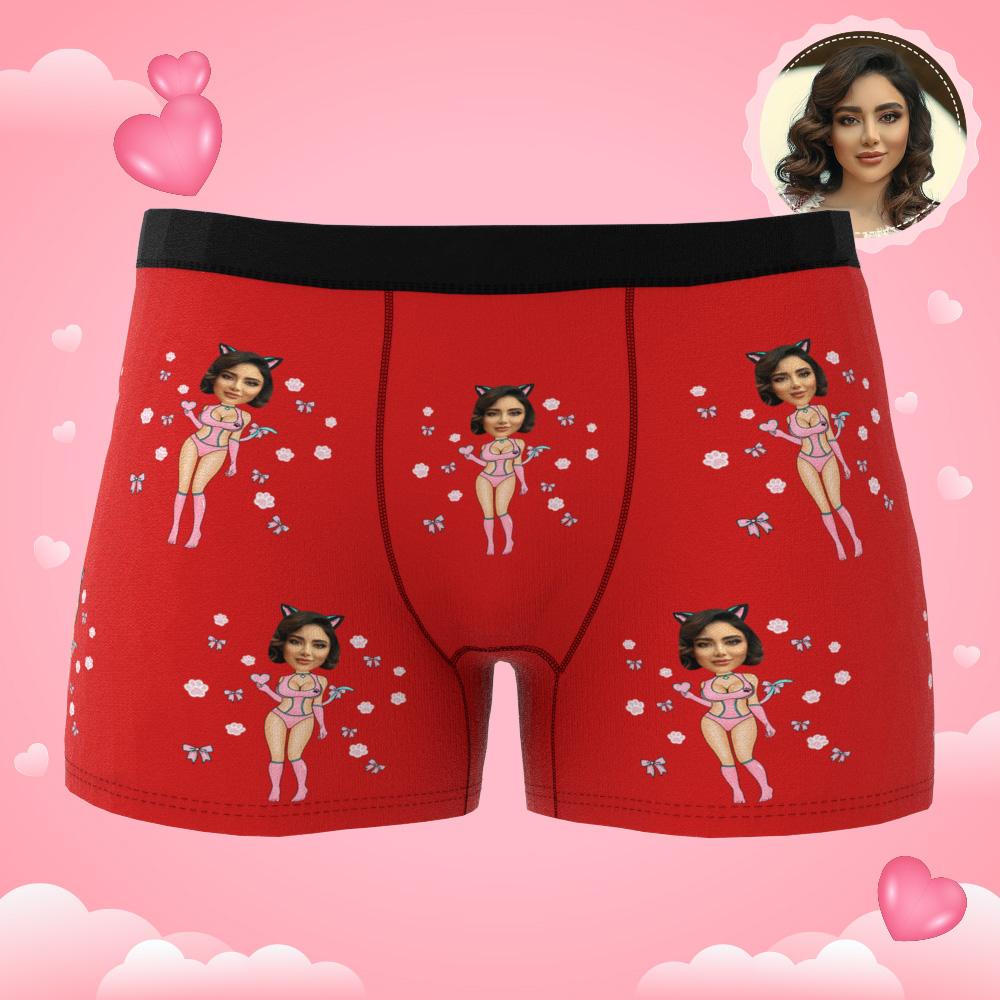 Personalised Catwoman boxer shorts displayed flat showing full-face custom print and bold colours — ideal novelty gift