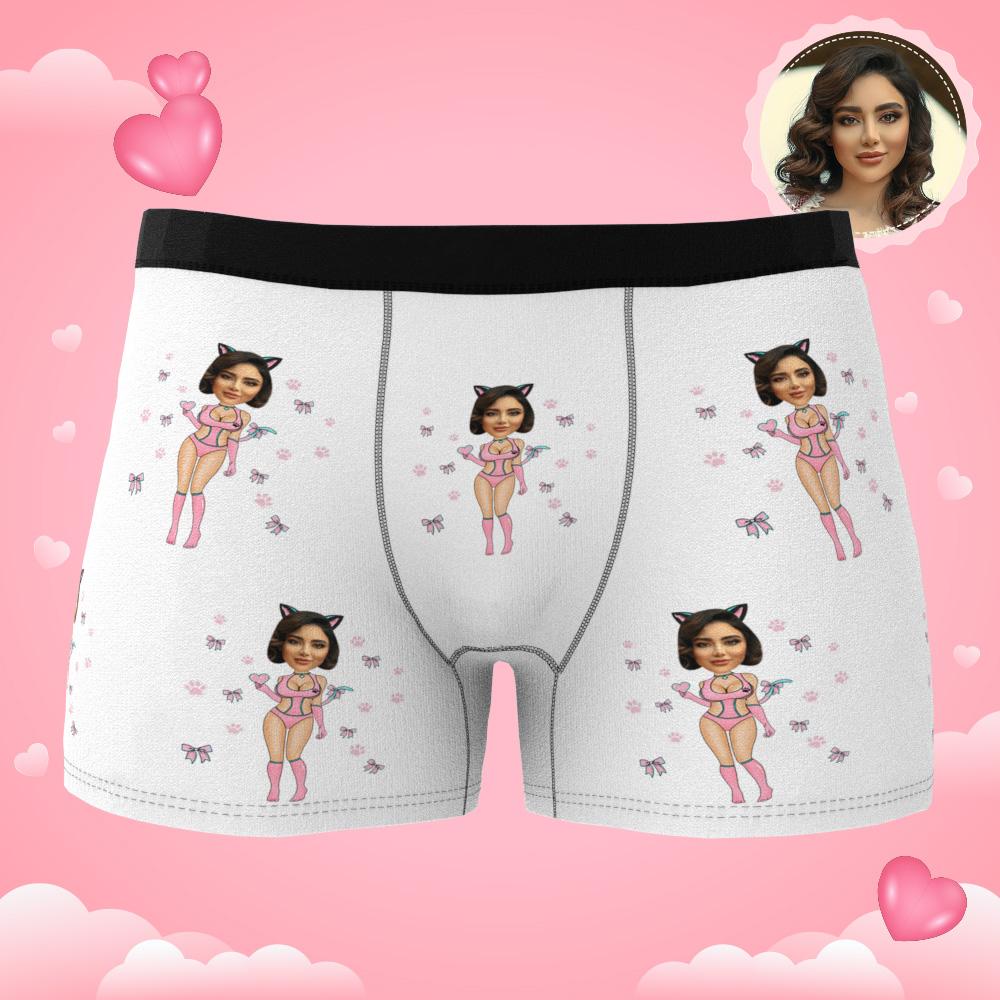 Side profile of personalised men's underwear with Catwoman motif and cropped photo face — fun personalised gift with AR animation