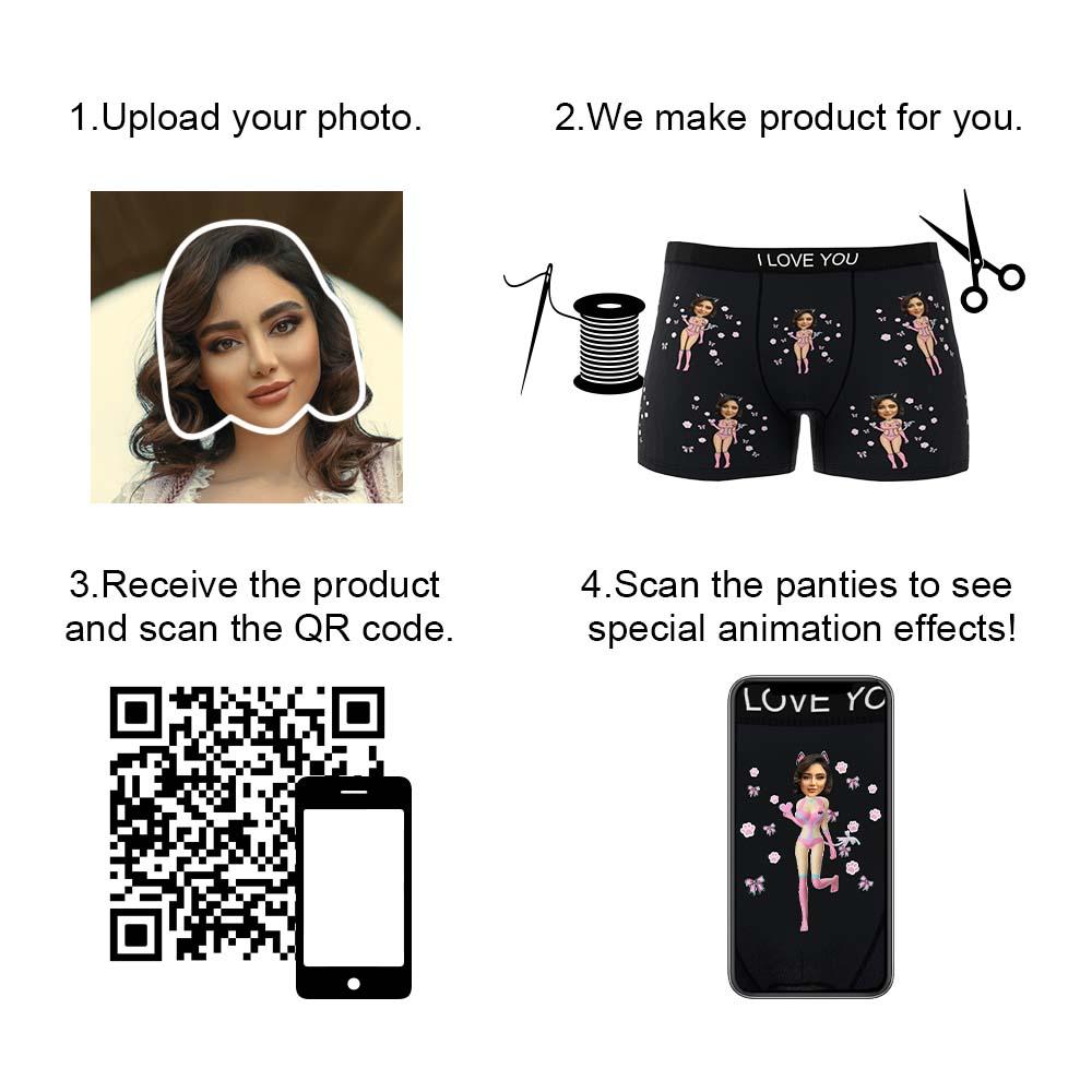 Animated view of custom photo Catwoman boxers with cropped face print — novelty personalised underwear for him with AR feature