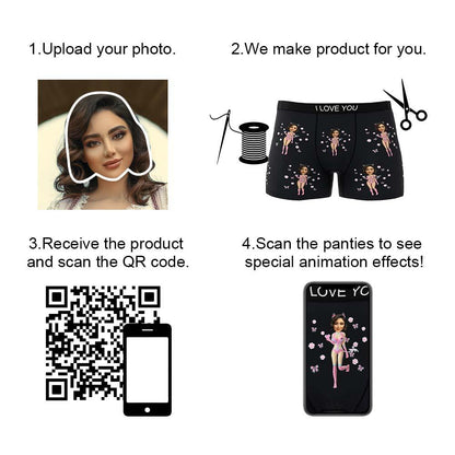 Animated view of custom photo Catwoman boxers with cropped face print — novelty personalised underwear for him with AR feature