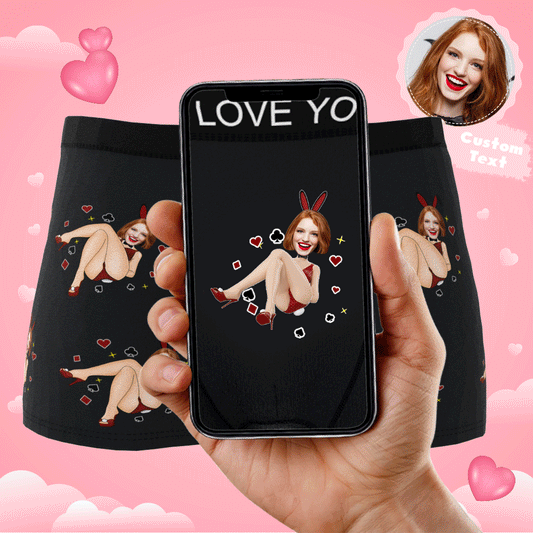 Personalised Photo Boxer - Bunny Girl men's boxers with custom face print and AR view, perfect Valentine's gift for boyfriend