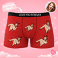 Multiple-angle shots of personalised Bunny Girl men's boxers — displays print wrap, fit and elastic waistband details