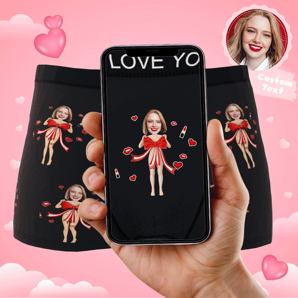 Personalised photo boxers in black with red bow and custom face print — AR-enabled Valentine's gift for him