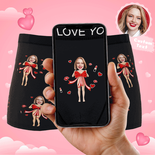 Personalised photo boxers in black with red bow and custom face print — AR-enabled Valentine's gift for him
