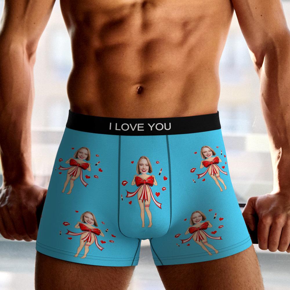 Close-up of custom face print on black boxers demonstrating vibrant colours and precise cutout for natural look