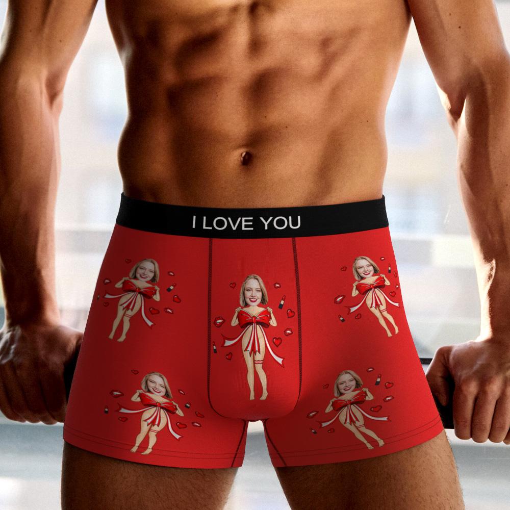 Front view on model wearing personalised photo boxers with red bow — funny Valentine's gift for boyfriend