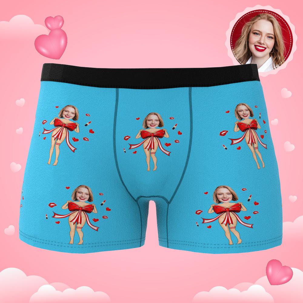 Size and fit guide for personalised photo boxers with red bow — choose the correct custom underwear size