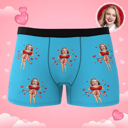 Size and fit guide for personalised photo boxers with red bow — choose the correct custom underwear size