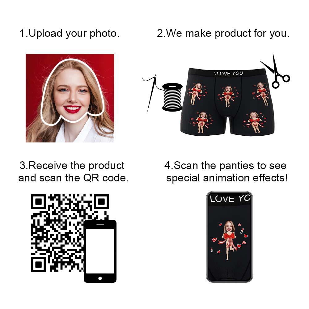 Animated AR preview of custom face boxer showing special animation when scanned — novelty personalised underwear