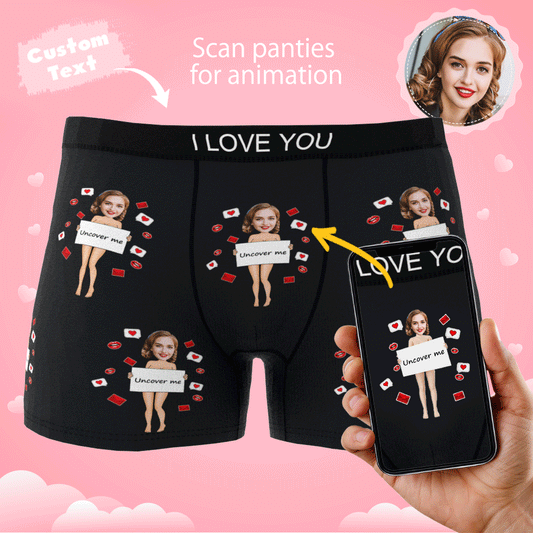 Animated GIF of Uncover Me Custom Photo Boxer showing personalised face print and AR animation when scanned