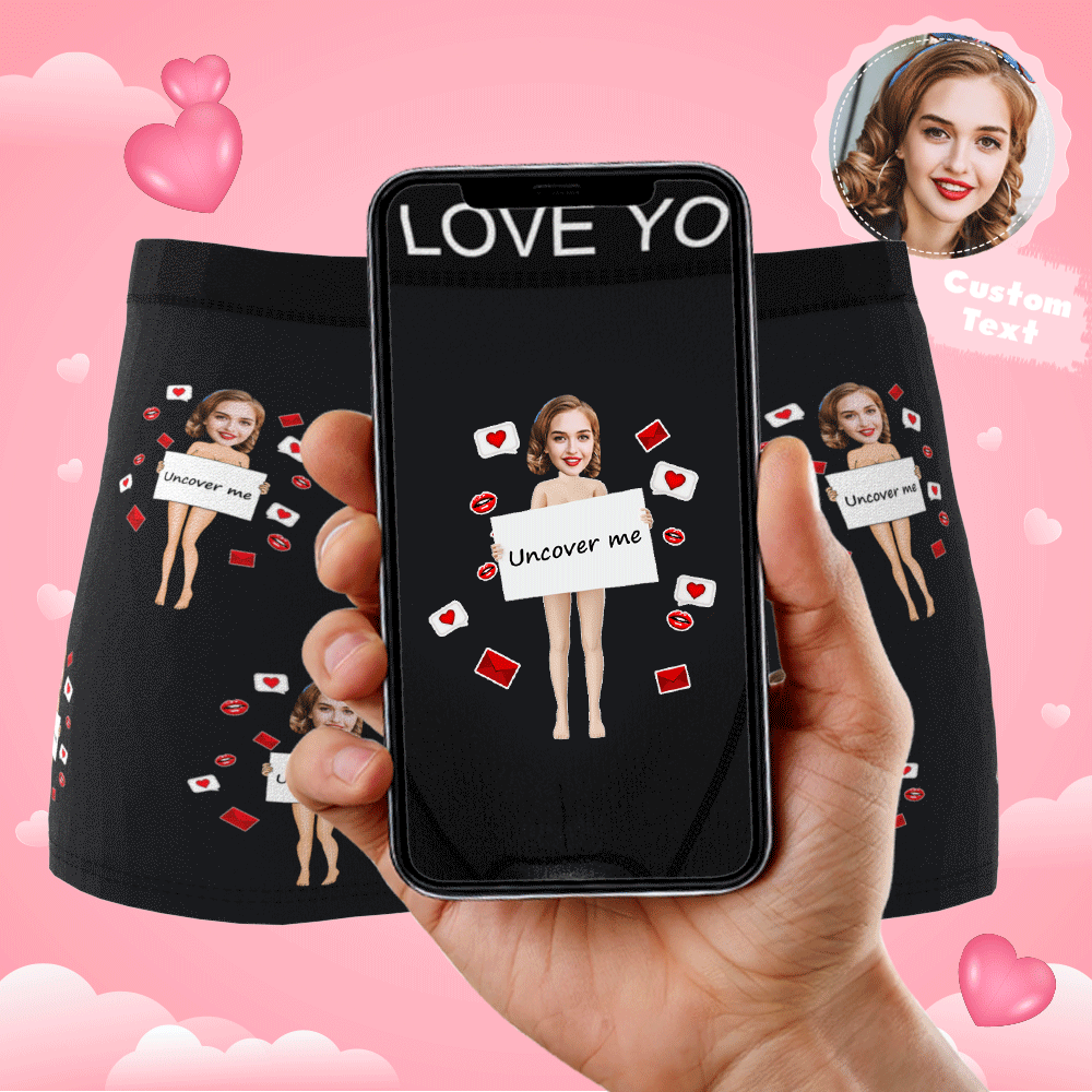 Animated GIF of Uncover Me Custom Photo Boxer showing personalised face print and AR animation when scanned