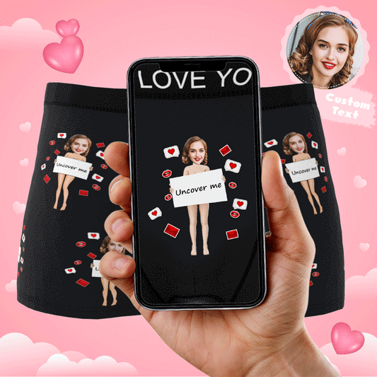 Animated GIF of Uncover Me Custom Photo Boxer showing personalised face print and AR animation when scanned