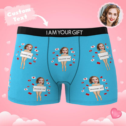 Romantic product shot: Custom Photo Boxer 'Uncover Me' personalised underwear gift perfect for Valentine's Day