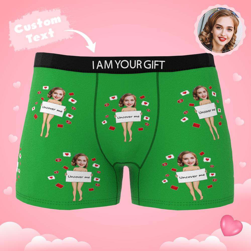 Flat-lay showing personalised face placement for a natural-looking print on men's Custom Photo Boxer