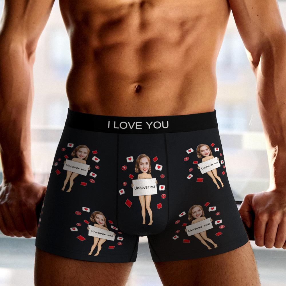 Model wearing personalised men's underwear Custom Photo Boxer featuring soft elastic waistband and comfortable fit