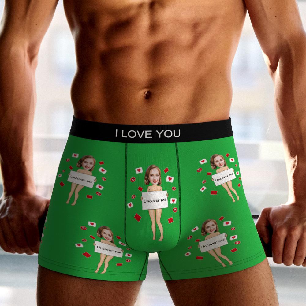 Detail showing AR scan prompt and animation feature on Custom Photo Boxer 'Uncover Me' novelty gift