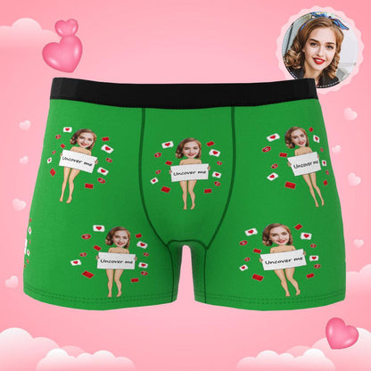 Folded personalised boxer with full-face custom print shown in neat packaging for personalised photo gifts