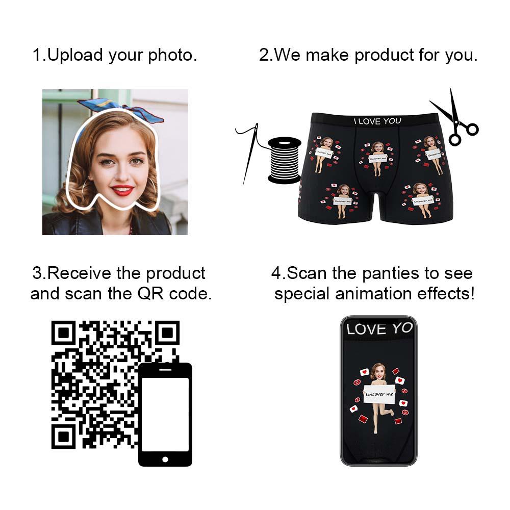 Front flat-lay of black Custom Photo Boxer 'Uncover Me' with personalised face print and vibrant colours