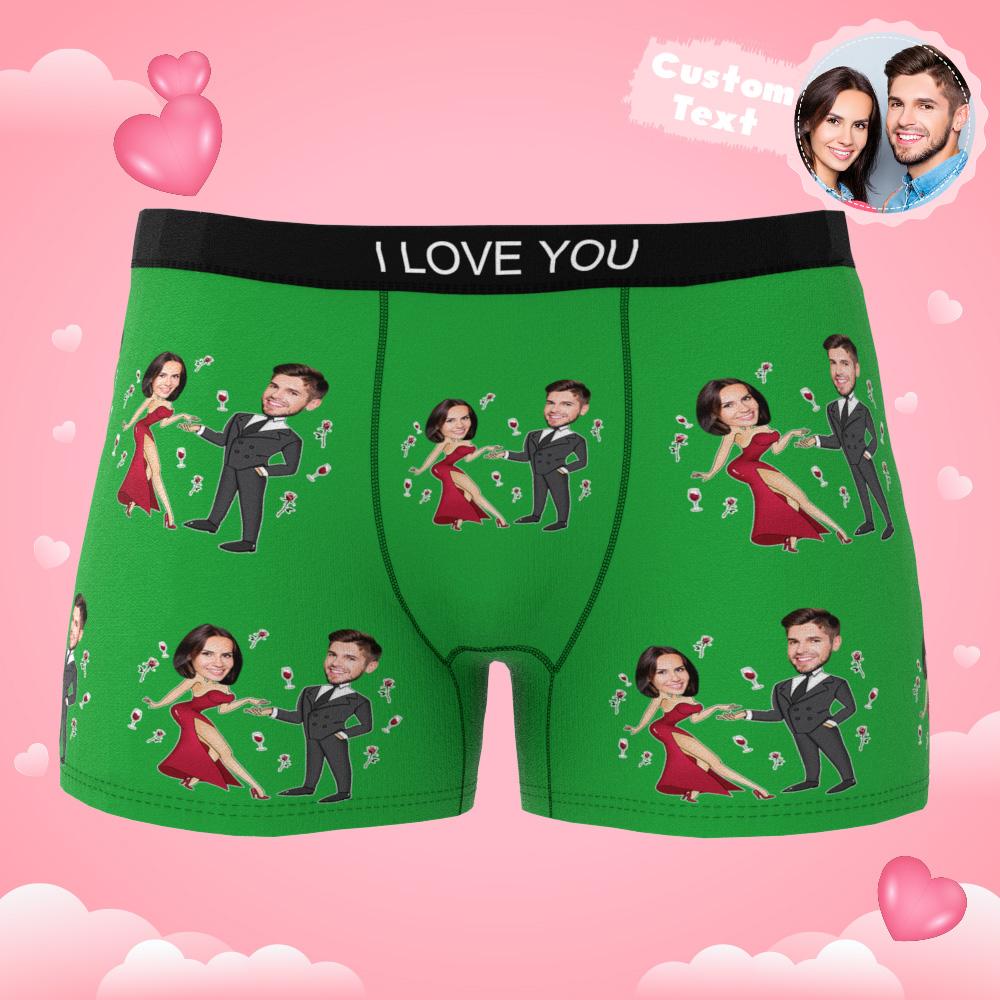 Flat‑lay personalised men's underwear with Dancing Couple photo print – available in multiple colours