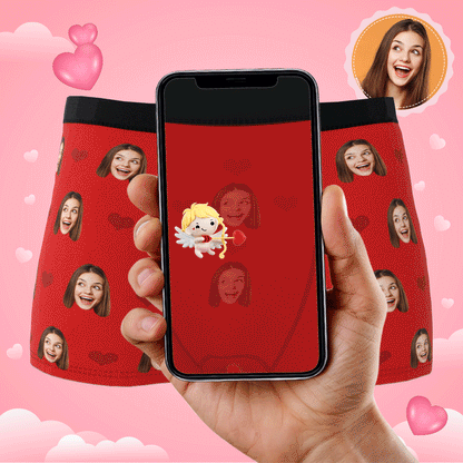 Front-on GIF of custom photo boxer — animated preview of the heart-face personalised face boxers with bright full-colour print