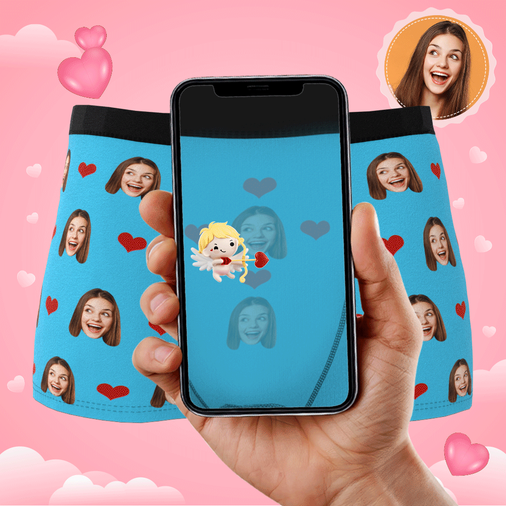 Product spin GIF showing fit and print — personalised face boxers for men, heart-face design and comfortable elastic waistband