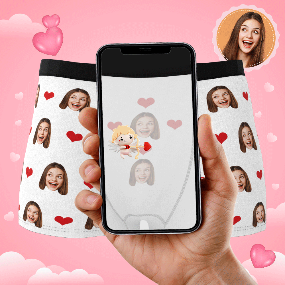 Lifestyle GIF of personalised face boxers — fun gift presentation showcasing heart-face custom underwear and AR scan capability