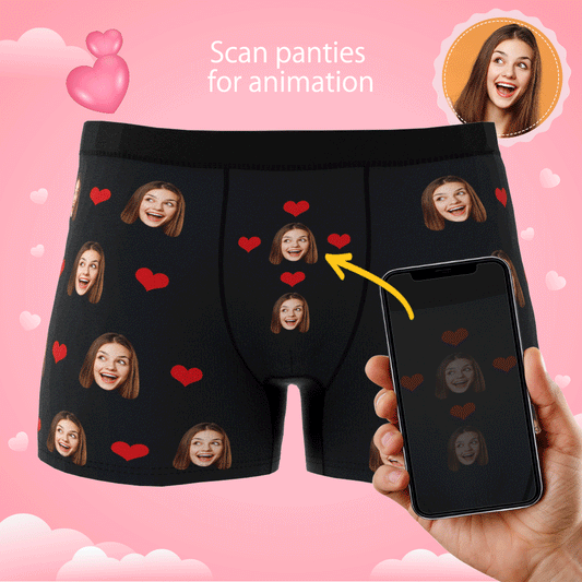 Custom Photo Boxer for Men — black heart-face personalised face boxers with AR animation, 100% soft polyester comfort