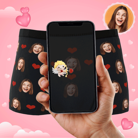 Custom Photo Boxer for Men — black heart-face personalised face boxers with AR animation, 100% soft polyester comfort