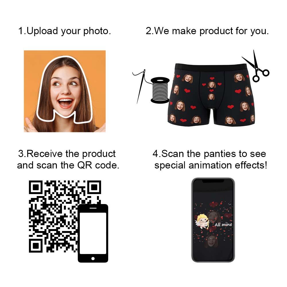 Personalised face underwear close-up — heart-shaped face print on black custom photo boxer, vibrant fade-resistant print