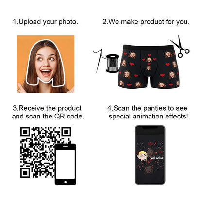 Personalised face underwear close-up — heart-shaped face print on black custom photo boxer, vibrant fade-resistant print