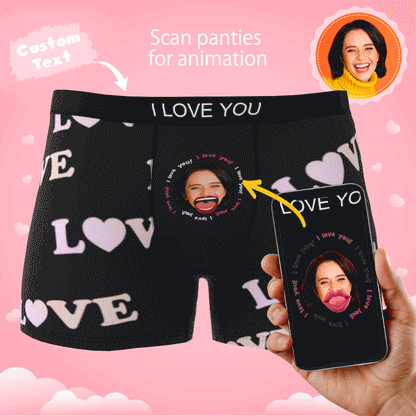 Black Custom Photo Boxer ‘Kiss’ with personalised face print and AR kiss animation – personalised underwear gift for him