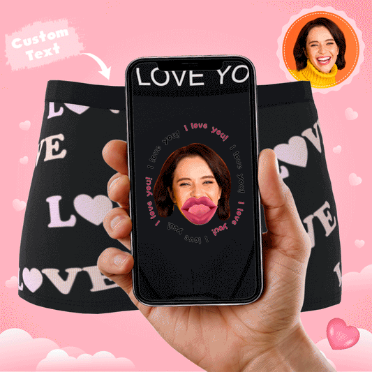 Black Custom Photo Boxer ‘Kiss’ with personalised face print and AR kiss animation – personalised underwear gift for him