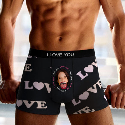 Front view of personalised photo boxers ‘Kiss’ displaying custom face crop and vivid colours – personalised photo gift