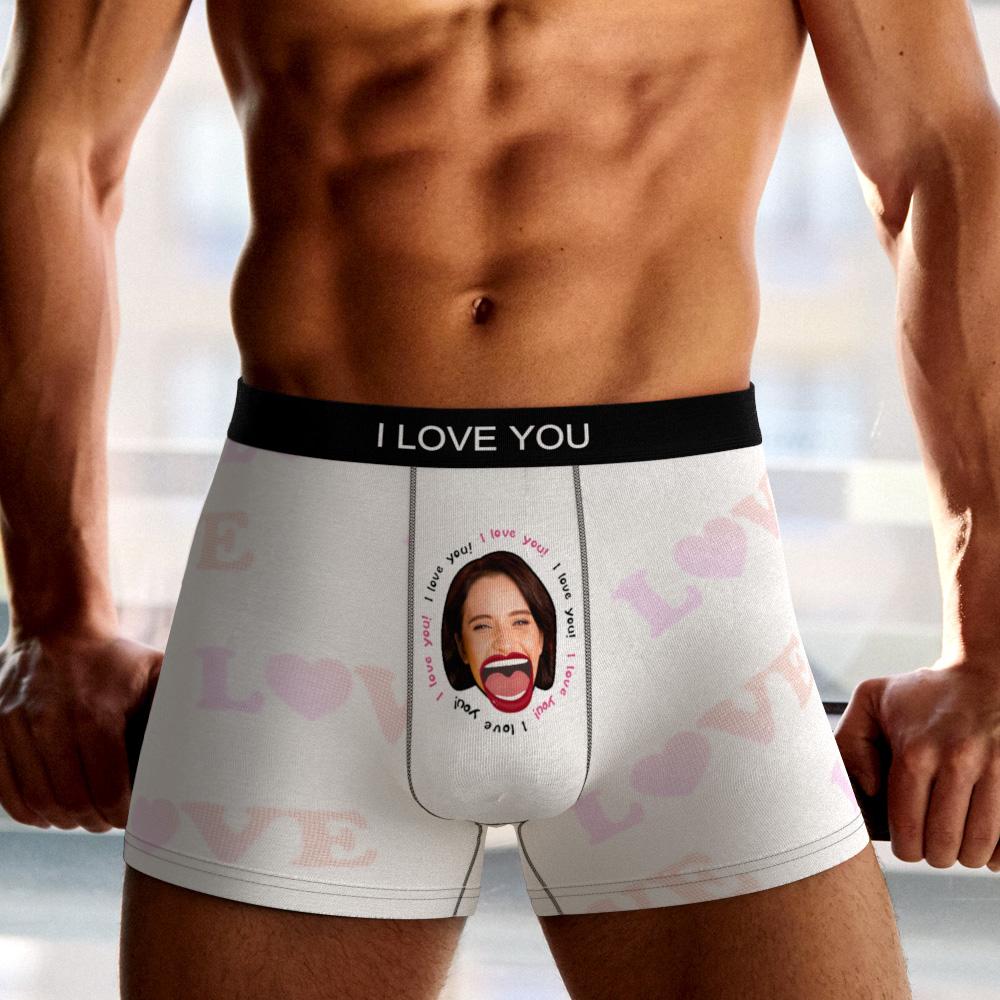 Modelled personalised face boxers highlighting comfortable 100% polyester fleece finish and bright all-over print – gifts for him