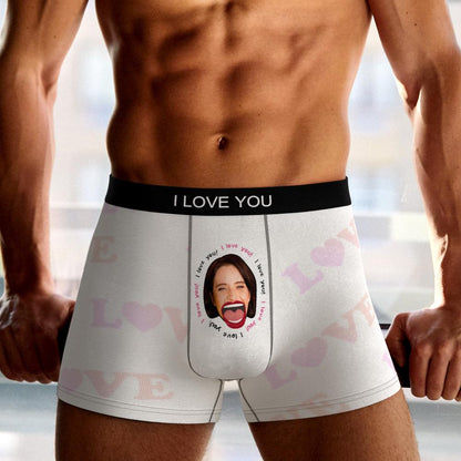 Modelled personalised face boxers highlighting comfortable 100% polyester fleece finish and bright all-over print – gifts for him