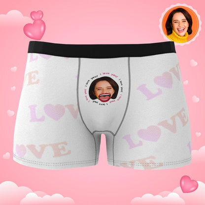 Lifestyle image of Custom Photo Boxer ‘Kiss’ worn as novelty gift, perfect for anniversaries or Valentine’s Day