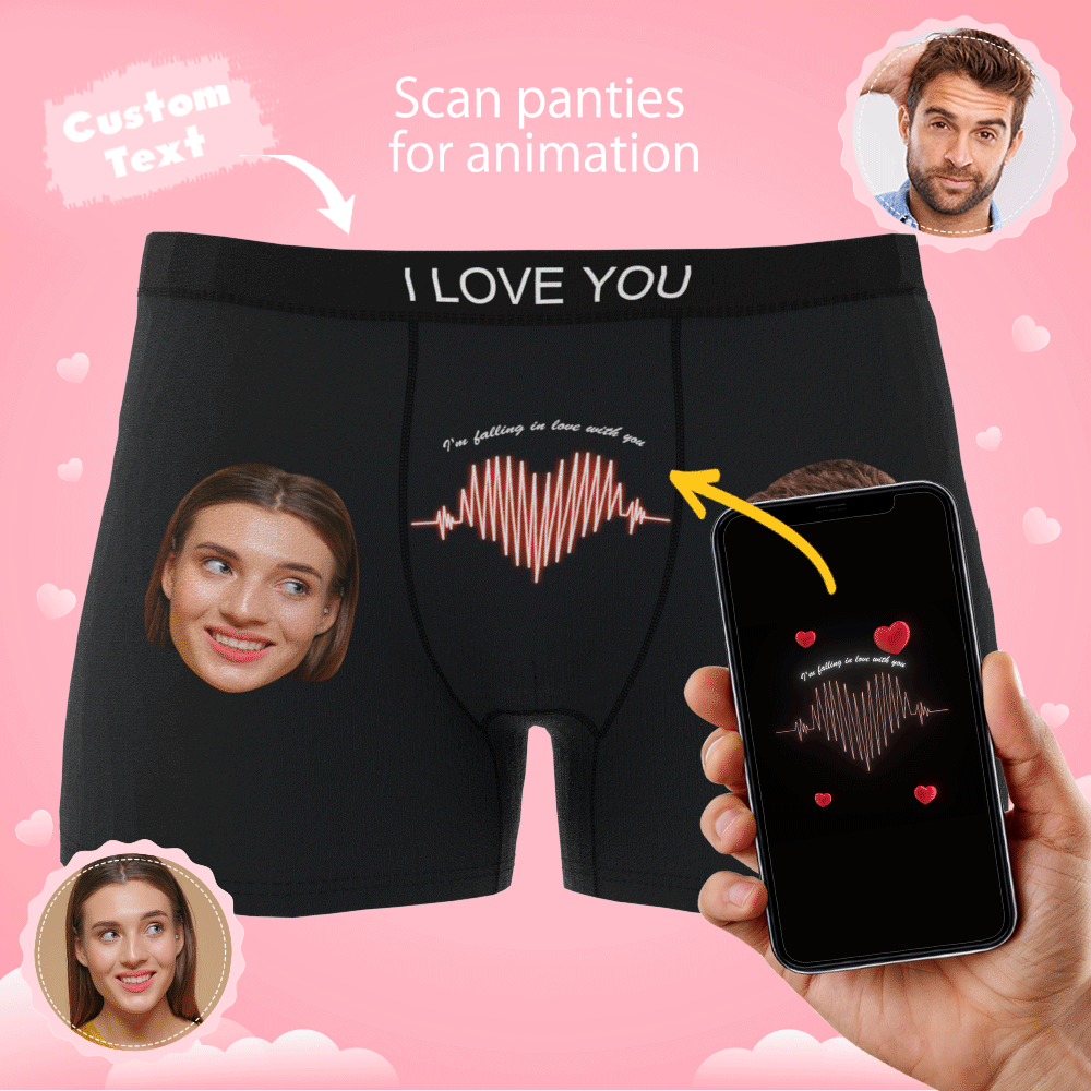 Animated GIF of black personalised photo boxer shorts with custom face cutout inside an ECG heartline — AR underwear, funny gift for him.