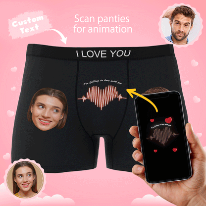Animated GIF of black personalised photo boxer shorts with custom face cutout inside an ECG heartline — AR underwear, funny gift for him.