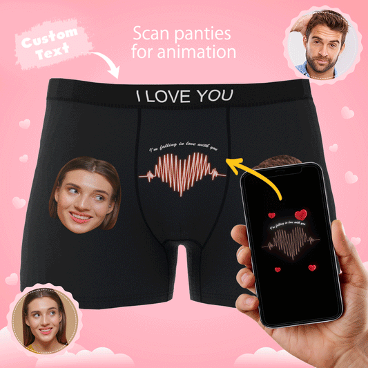 Animated GIF of black personalised photo boxer shorts with custom face cutout inside an ECG heartline — AR underwear, funny gift for him.