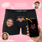 Animated GIF of black personalised photo boxer shorts with custom face cutout inside an ECG heartline — AR underwear, funny gift for him.