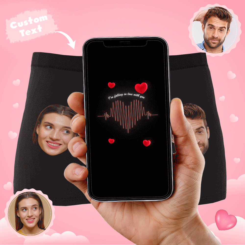 Animated GIF of black personalised photo boxer shorts with custom face cutout inside an ECG heartline — AR underwear, funny gift for him.