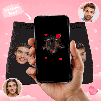 Animated GIF of black personalised photo boxer shorts with custom face cutout inside an ECG heartline — AR underwear, funny gift for him.
