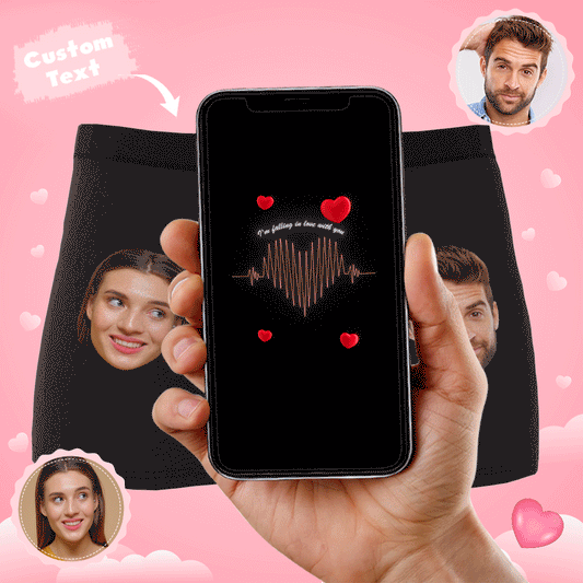 Animated GIF of black personalised photo boxer shorts with custom face cutout inside an ECG heartline — AR underwear, funny gift for him.