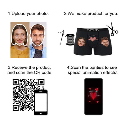 Animated view of personalised photo boxer shorts featuring a face print integrated into an ECG motif — perfect personalised underwear gift for boyfriend.